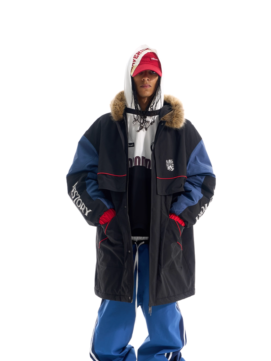 BLIND NO PLAN Color Block Fur Collar Coat