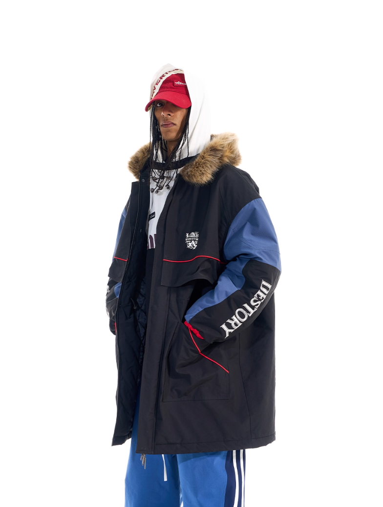 BLIND NO PLAN Color Block Fur Collar Coat