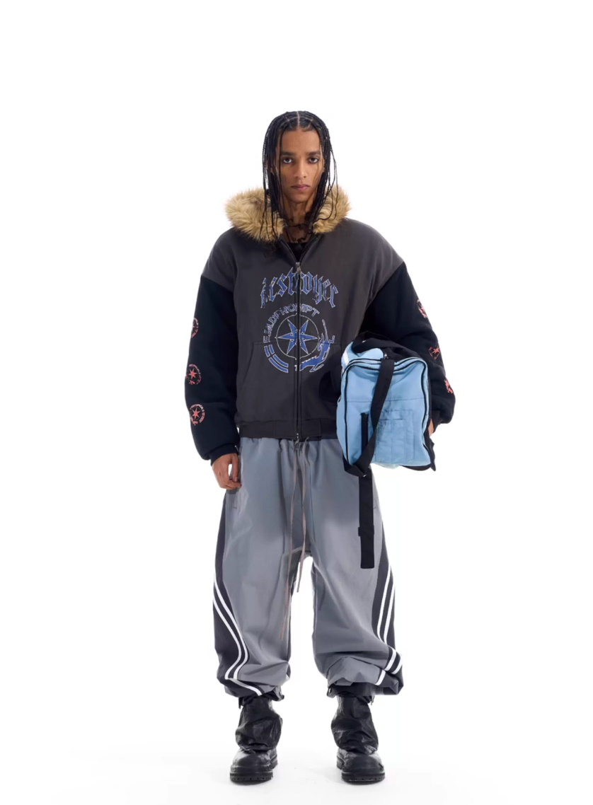 BLIND NO PLAN Color Block Fur Hood Padded Jacket
