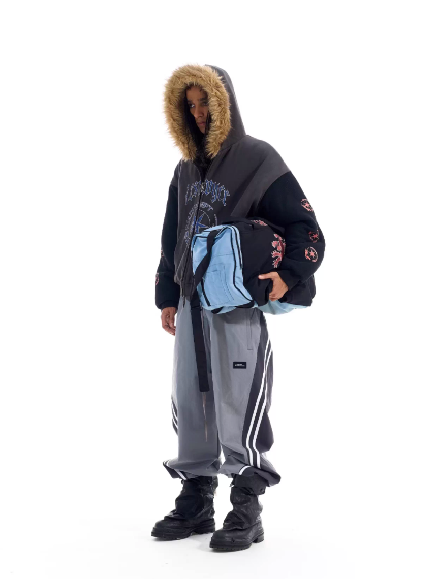BLIND NO PLAN Color Block Fur Hood Padded Jacket