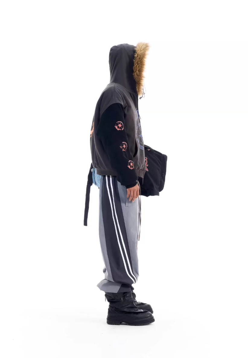 BLIND NO PLAN Color Block Fur Hood Padded Jacket