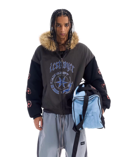 BLIND NO PLAN Color Block Fur Hood Padded Jacket