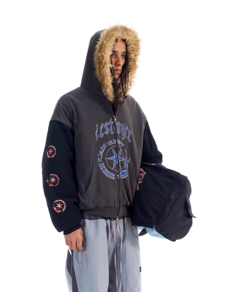 BLIND NO PLAN Color Block Fur Hood Padded Jacket