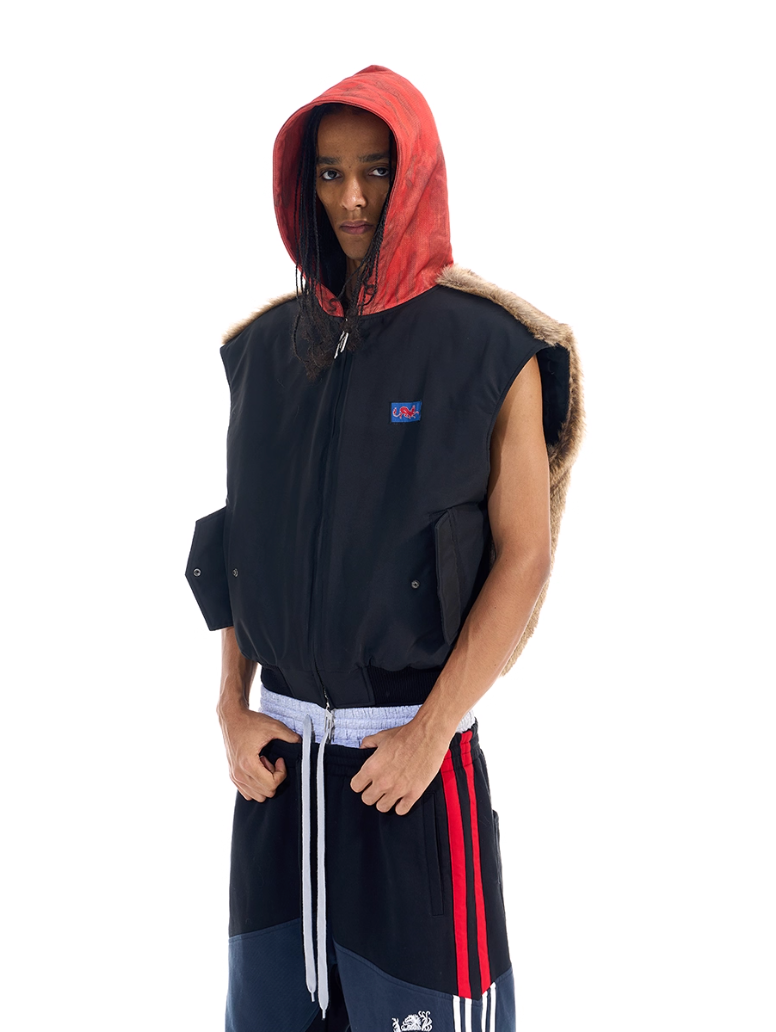 BLIND NO PLAN Patchwork Fur Hooded Vest