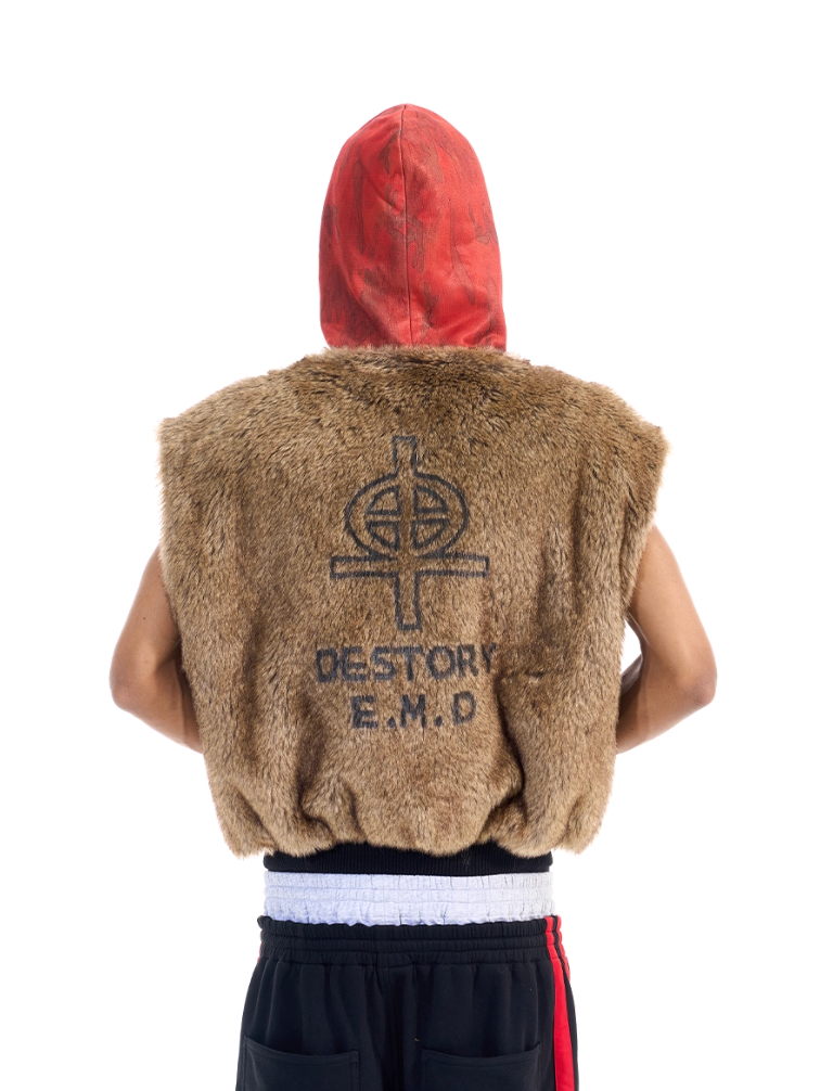 BLIND NO PLAN Patchwork Fur Hooded Vest