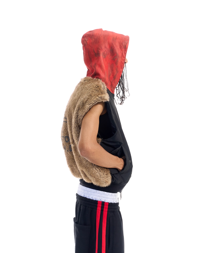 BLIND NO PLAN Patchwork Fur Hooded Vest
