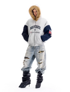 BLIND NO PLAN Gray Color Block Fur Hood Padded Jacket