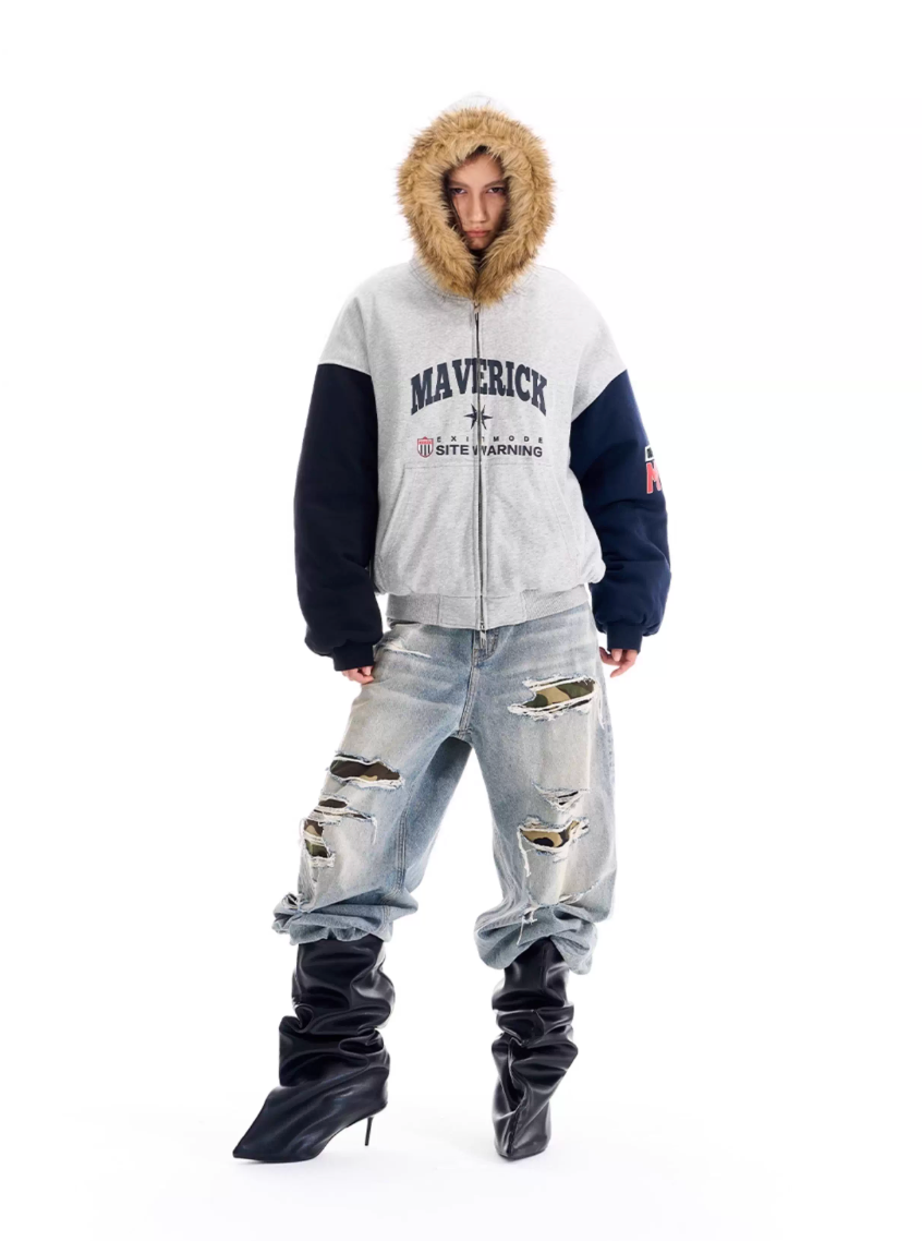 BLIND NO PLAN Gray Color Block Fur Hood Padded Jacket