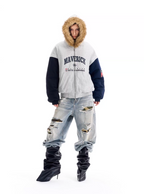 BLIND NO PLAN Gray Color Block Fur Hood Padded Jacket
