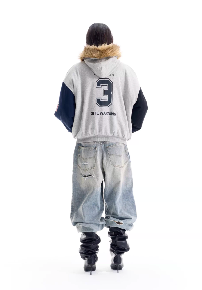 BLIND NO PLAN Gray Color Block Fur Hood Padded Jacket
