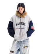 BLIND NO PLAN Gray Color Block Fur Hood Padded Jacket