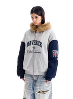 BLIND NO PLAN Gray Color Block Fur Hood Padded Jacket