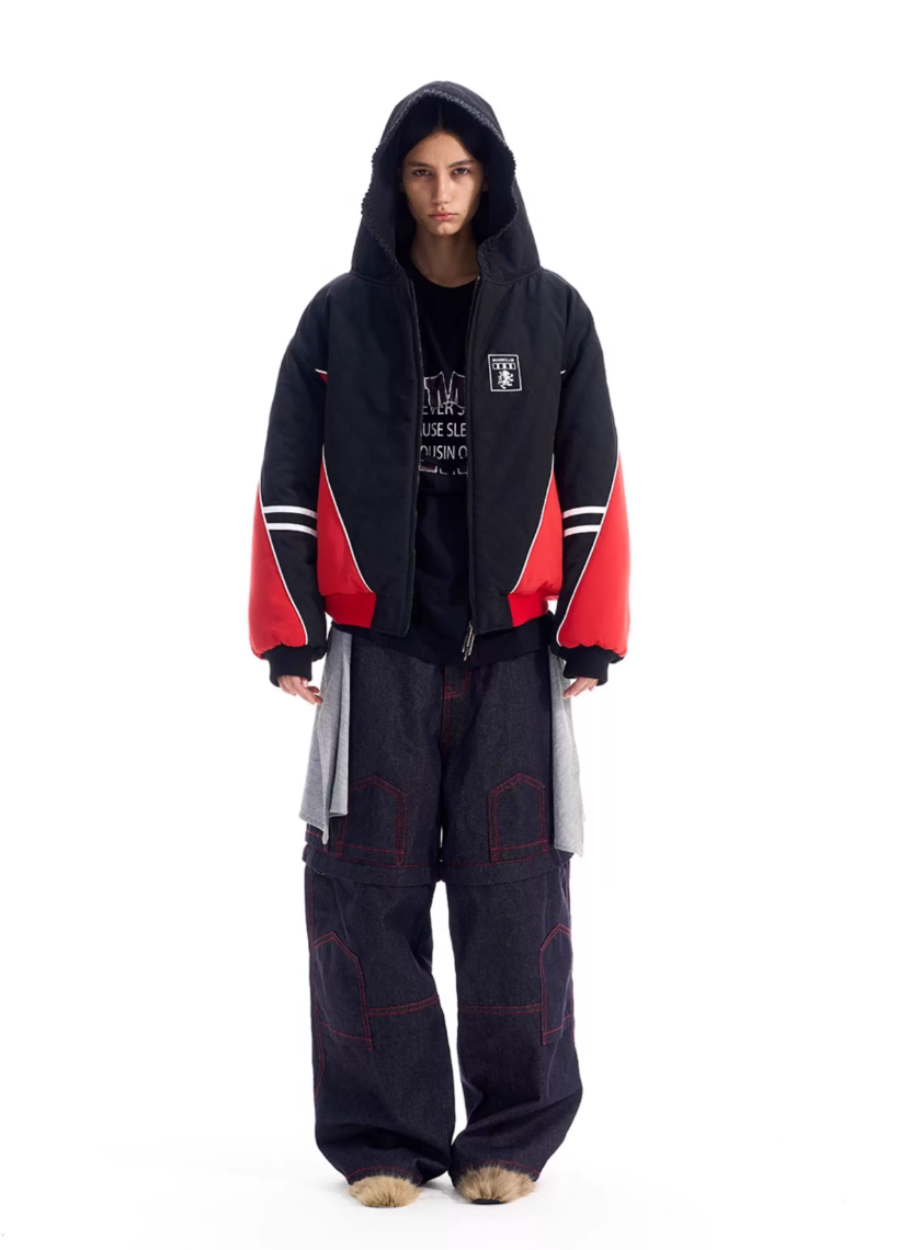 BLIND NO PLAN Quilted Color Block Hooded Bomber Jacket