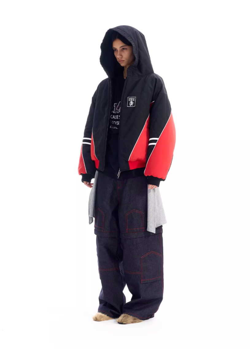 BLIND NO PLAN Quilted Color Block Hooded Bomber Jacket