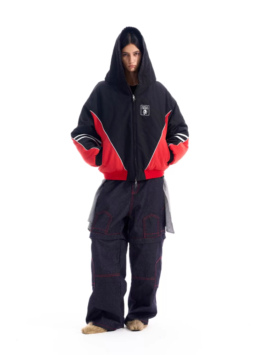 BLIND NO PLAN Quilted Color Block Hooded Bomber Jacket