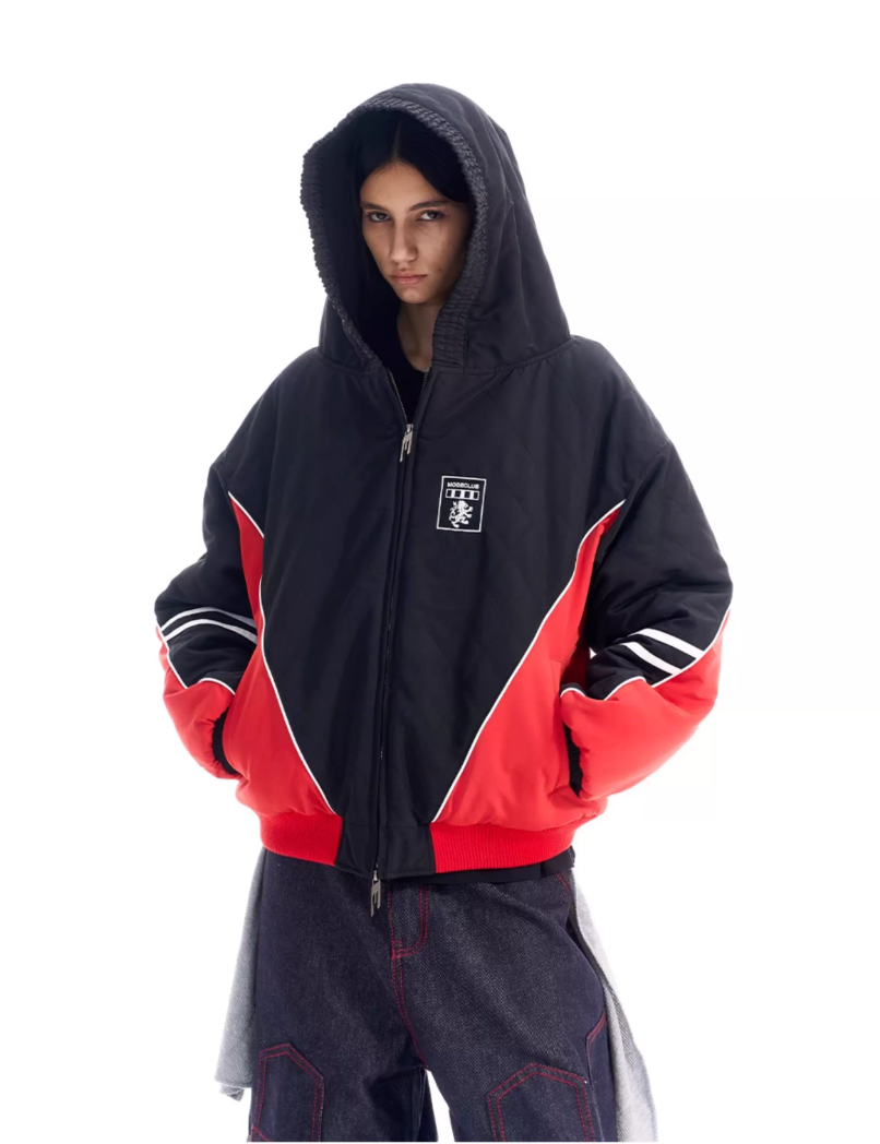 BLIND NO PLAN Quilted Color Block Hooded Bomber Jacket
