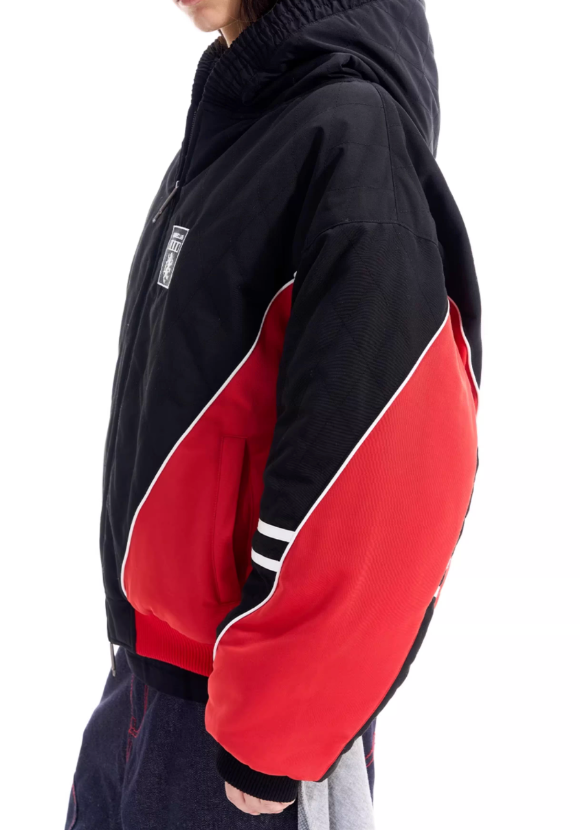 BLIND NO PLAN Quilted Color Block Hooded Bomber Jacket