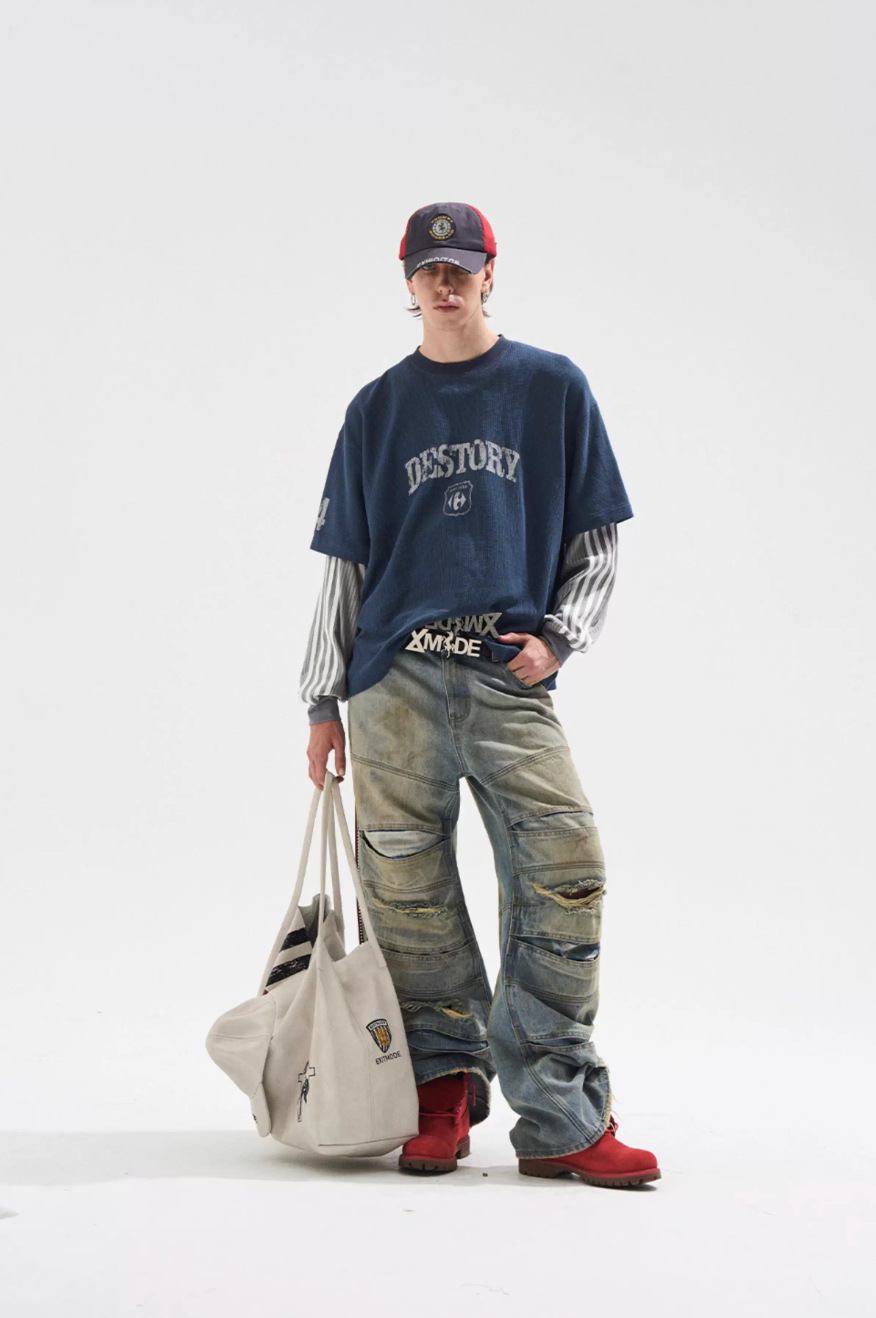 BLIND NO PLAN Layered Waffle and Jersey Long Sleeve Tee