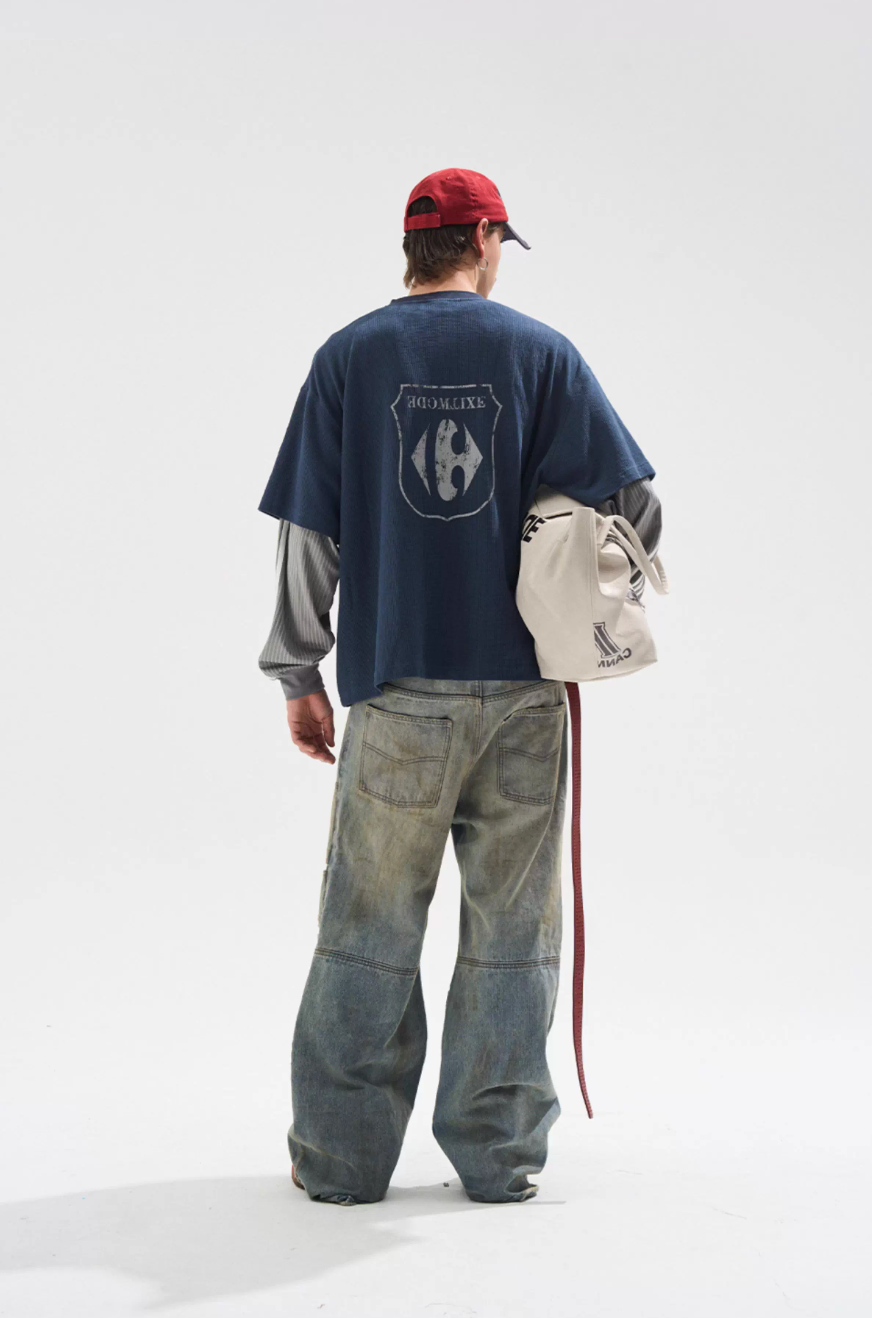 BLIND NO PLAN Layered Waffle and Jersey Long Sleeve Tee