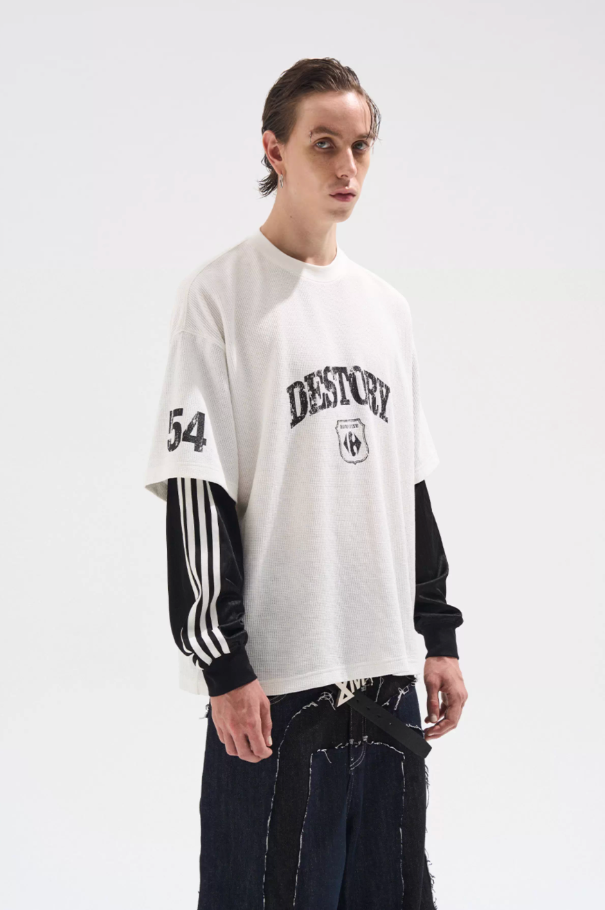 BLIND NO PLAN Layered Waffle and Jersey Long Sleeve Tee