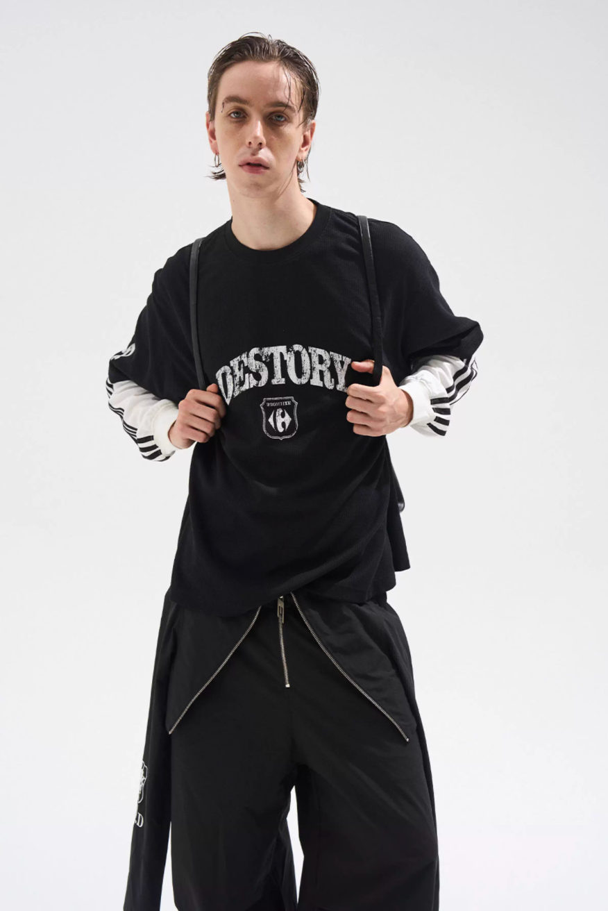 BLIND NO PLAN Layered Waffle and Jersey Long Sleeve Tee
