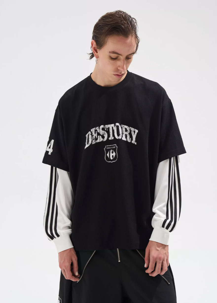 BLIND NO PLAN Layered Waffle and Jersey Long Sleeve Tee