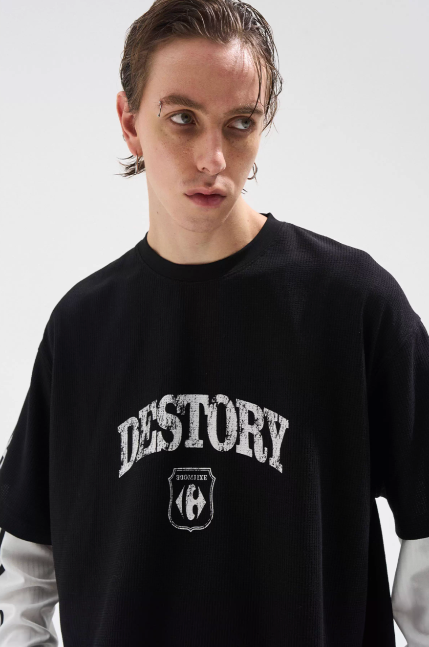 BLIND NO PLAN Layered Waffle and Jersey Long Sleeve Tee