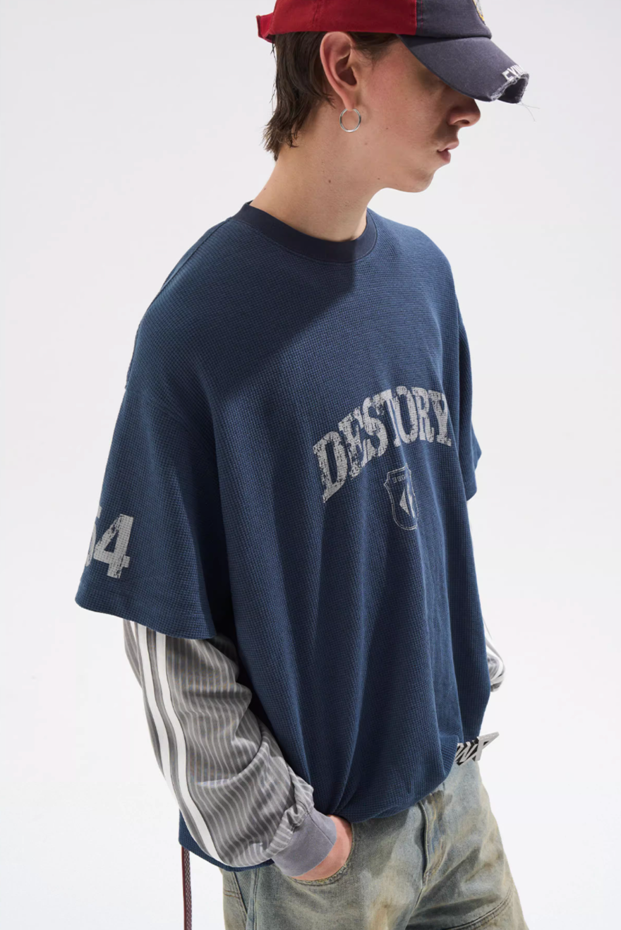 BLIND NO PLAN Layered Waffle and Jersey Long Sleeve Tee