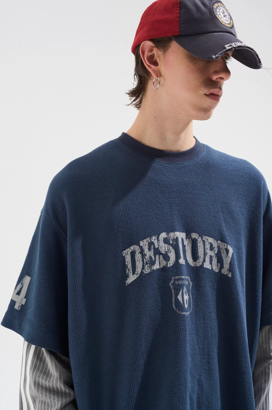 BLIND NO PLAN Layered Waffle and Jersey Long Sleeve Tee