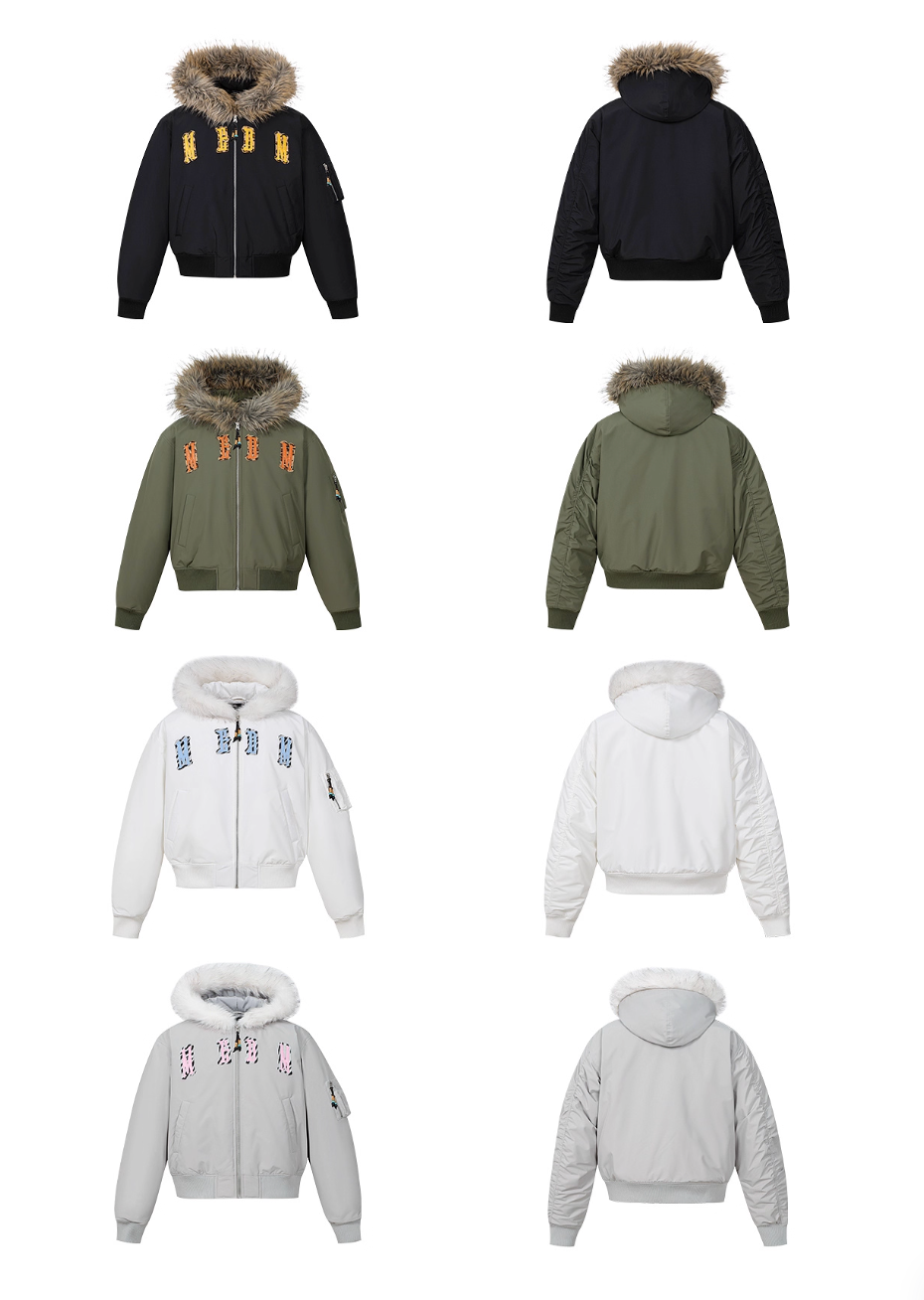 MEDM Animal Logo Patch Fur Hooded Bomber Jacket