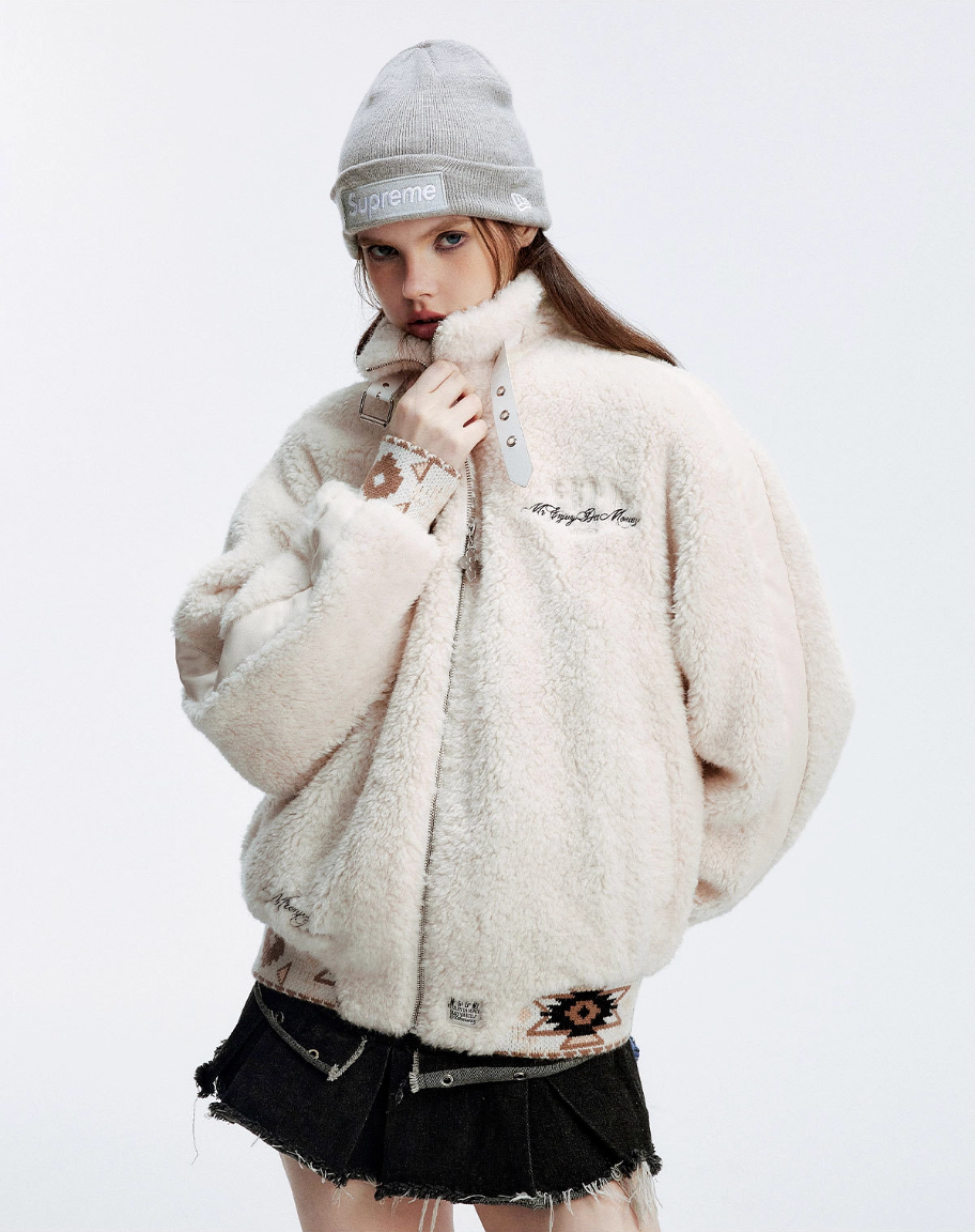 MEDM Ethnic Trim Belted Sherpa Jacket