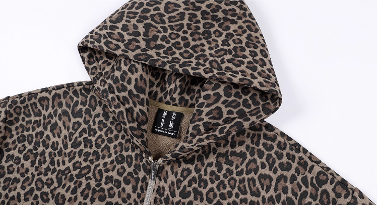 MEDM Embroidered Leopard Zip Up Hooded Jacket