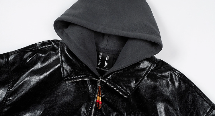 MEDM Layered Hood PU Leather Bomber Jacket