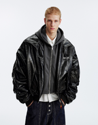 MEDM Layered Hood PU Leather Bomber Jacket