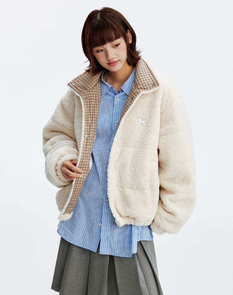 MEDM Plaid Trim Sherpa Short Jacket