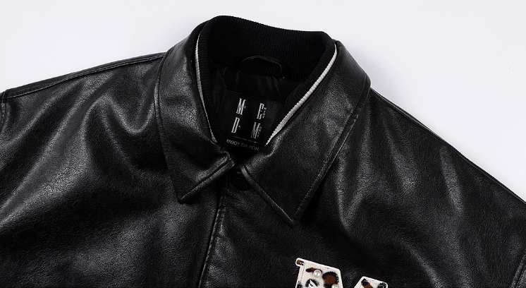 MEDM Leopard Patch Pearl PU Leather Varsity Jacket