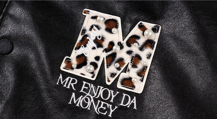 MEDM Leopard Patch Pearl PU Leather Varsity Jacket