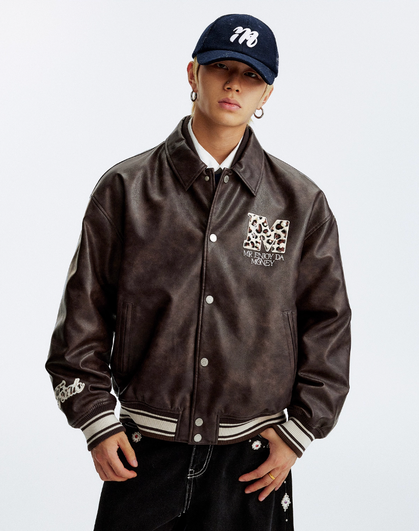 MEDM Leopard Patch Pearl PU Leather Varsity Jacket