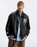 MEDM Leopard Patch Pearl PU Leather Varsity Jacket