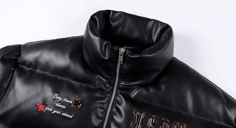 MEDM Leopard Patch PU Leather Puffer Jacket