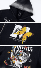 MEDM Washed Angel Butterfly Print Zip Up Hoodie
