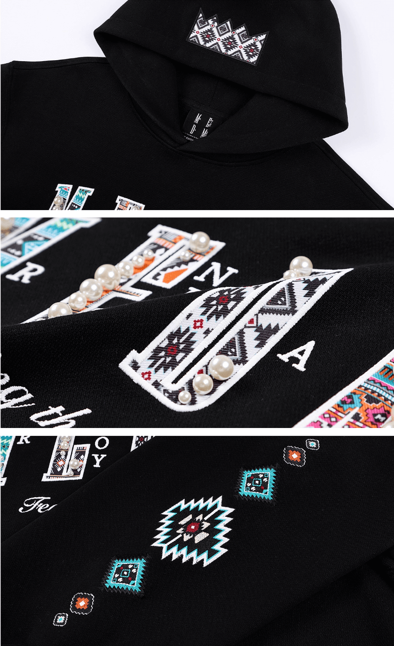 MEDM Ethnic Embroidered Patch Pearl Oversized Hoodie