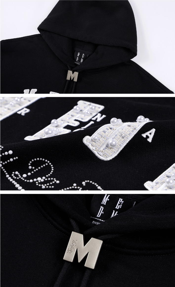 MEDM M Buckled Drawstring Pearl Logo Embroidered Hoodie
