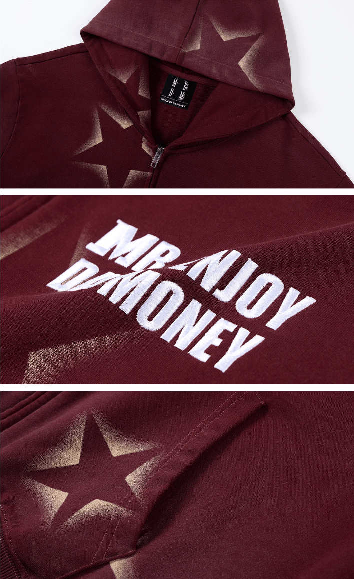 MEDM Washed Star All Over Print Zip Up Hoodie