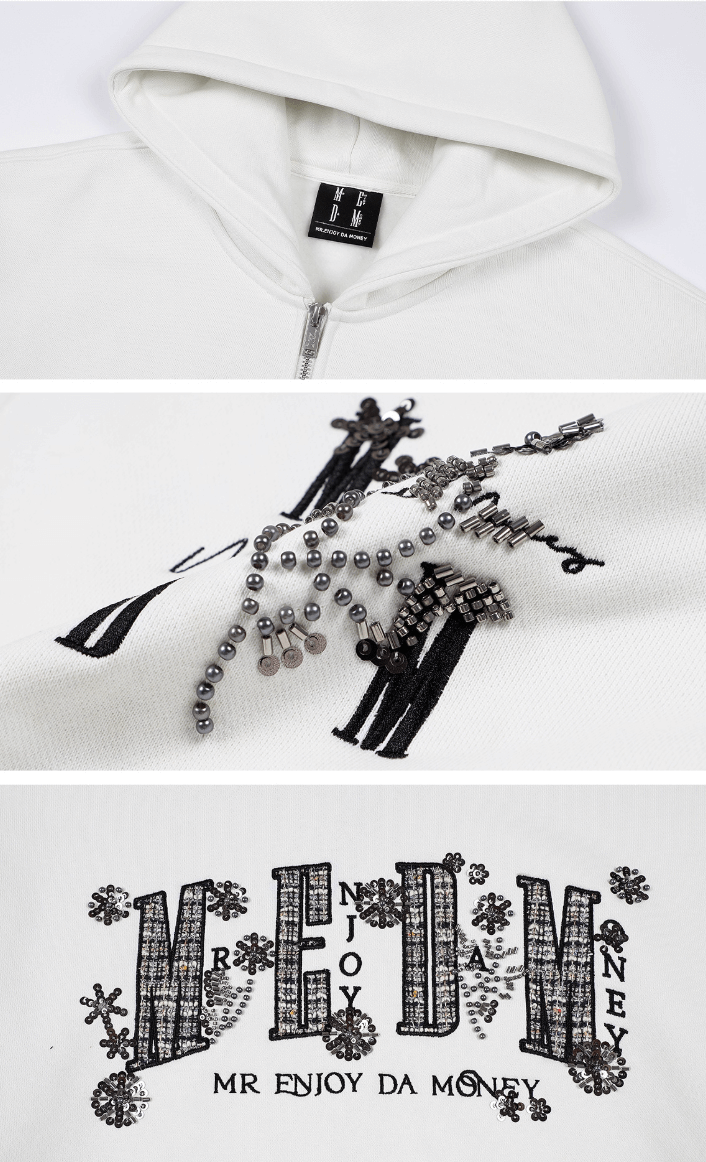 MEDM Beaded Flower Embellished Zip Up Hoodie