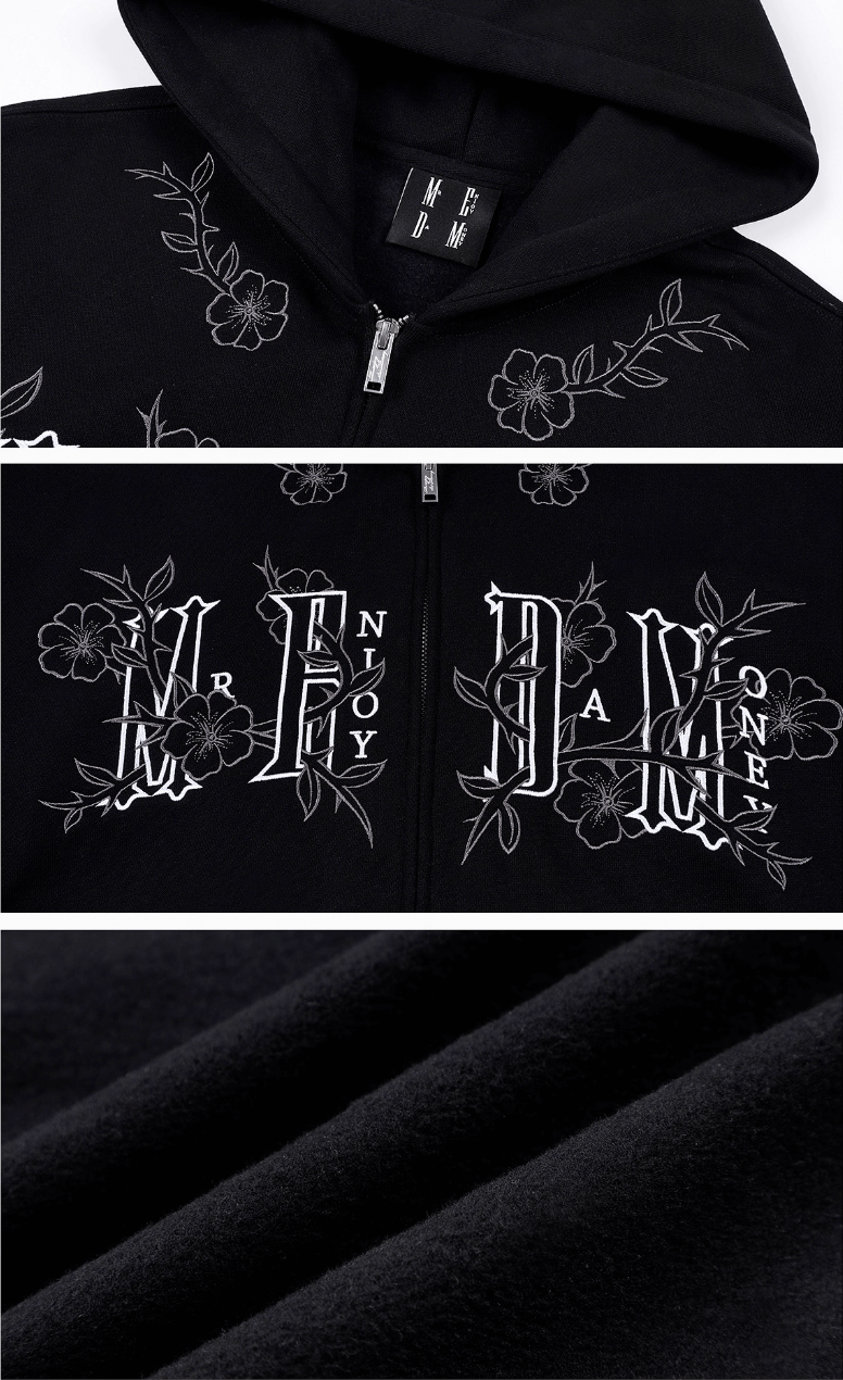 MEDM Flower Embroidered Zip Up Hoodie