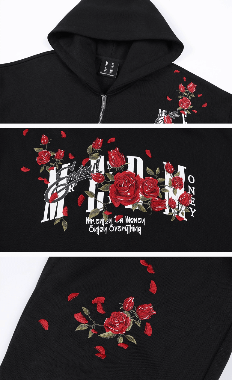 MEDM Rose Embroidered Zip Up Hoodie