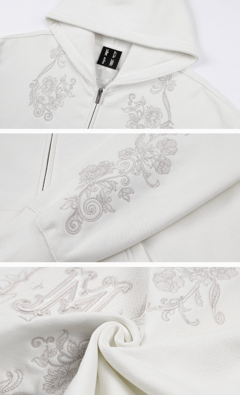MEDM Patterned Flower Embroidered Zip Up Hoodie