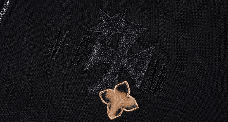 MEDM Cross Star Leather Patchwork Zip Up Hoodie