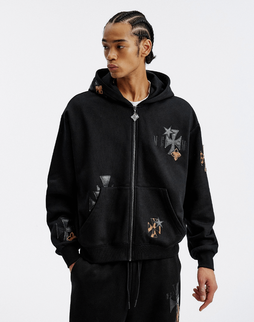 MEDM Cross Star Leather Patchwork Zip Up Hoodie